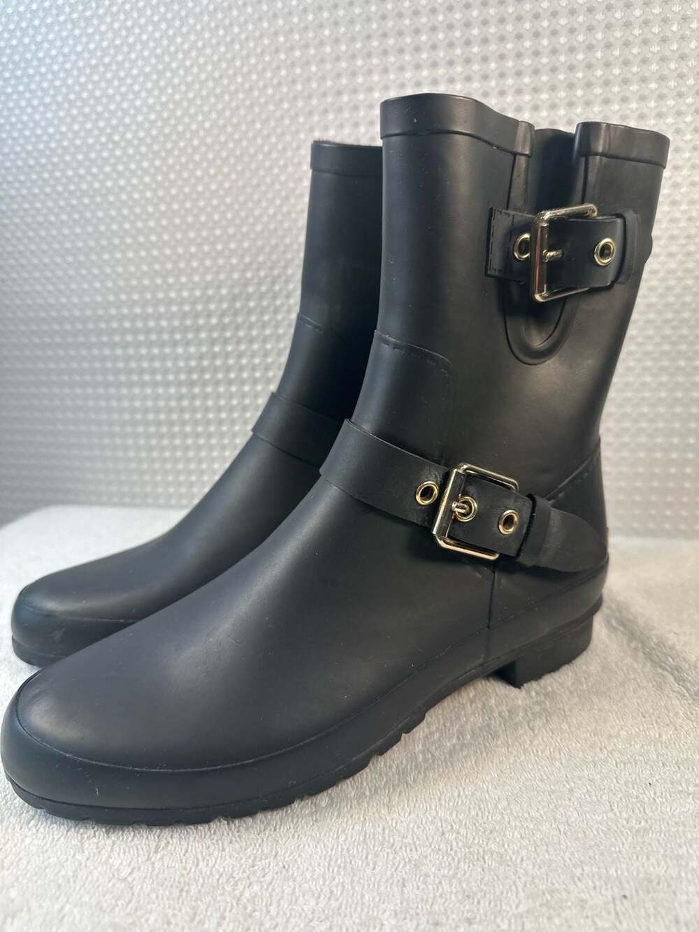 Massimo Dutti Black Matte Rubber Moto Rain Boots with Buckle Detail